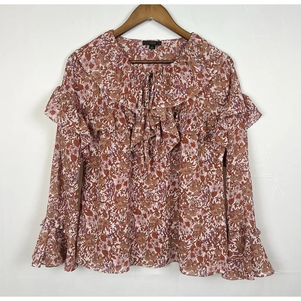 J . Crew Ruffle Crinkle Chiffon Top in Fête Floral Shirt Size S - Picture 4 of 11